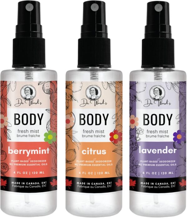 Body Fresh Mist - 3 PACK - Organic Deodorizing Mists with Premium Essential Oils. Light, Refreshing and Great for Skin. Citrus, Berry Mint & Lavender.