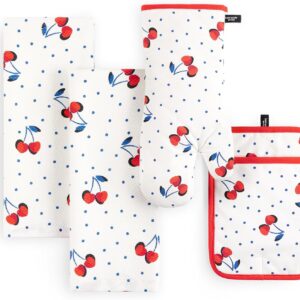 Kate Spade New York Cherry Dot Kitchen Towel, Oven Mitt & Pot Holder 4-Pack Set, 17 x 28, 7 x 13, 7 x 10, White/Red/Blue