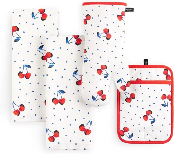 Kate Spade New York Cherry Dot Kitchen Towel, Oven Mitt & Pot Holder 4-Pack Set, 17 x 28, 7 x 13, 7 x 10, White/Red/Blue