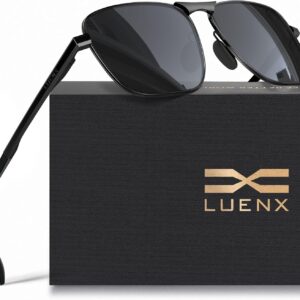 LUENX Rectangular Aviator Polarized Sunglasses for Men Women Square Metal Frame with Spring Hinge – UV 400 Protection