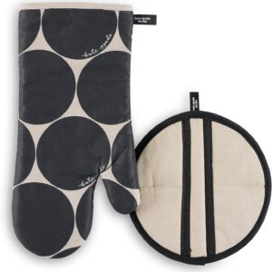 Kate Spade New York Joy Dot Oven Mitt & Pot Grabber 2-Pack Set, 7″ x 13″, 8″ Round, Black/Beige