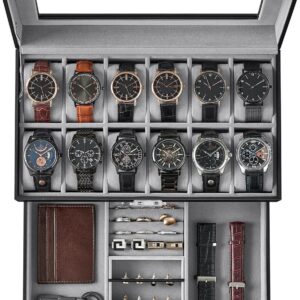 SONGMICS 12-Slot Watch Box, Lockable Watch Case with Glass Lid, 2 Layers, Black Synthetic Leather, Gray Lining UJWB012