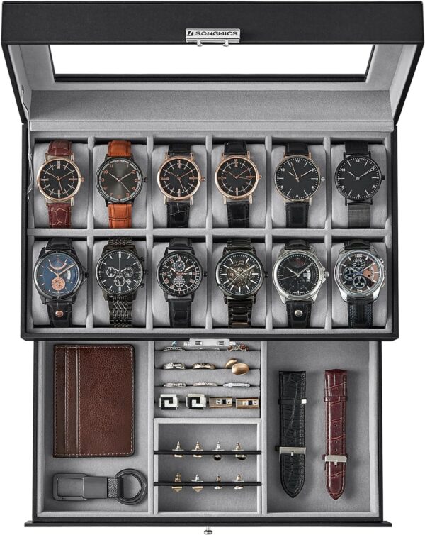 SONGMICS 12-Slot Watch Box, Lockable Watch Case with Glass Lid, 2 Layers, Black Synthetic Leather, Gray Lining UJWB012