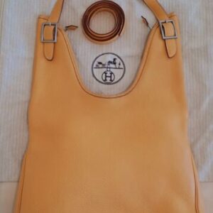 Hermes Clemence Massai 32 Sable/ Yellow Leather Shoulder Bag Crossbody Authentic