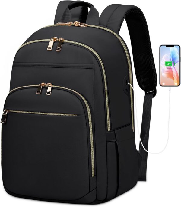 Laptop Backpack for Women 15.6 Inch Travel Backpack With USB Port, Lightweight School Backpack Waterproof Computer Bag for School Work Travel, Black