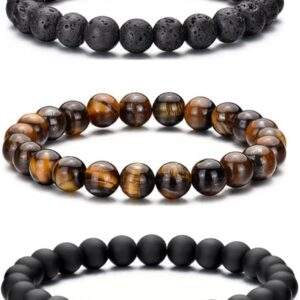 Hipwope 4Pcs Men Bracelet Set Tigers Eye Bracelet Lava Rock Bracelets Moonstone Bracelet Blue Beaded Bracelet Obsidian Bracelet Men/Women Can Wear Summer Bracelets Charm Bracelets for Women