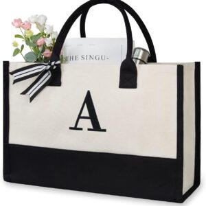 Personalized Initial Canvas Beach Bag, Monogrammed Gift Tote Bag for Women