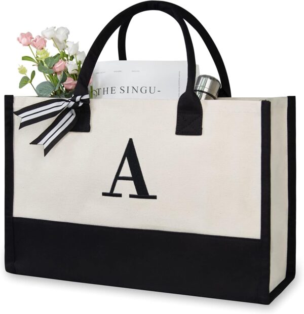 Personalized Initial Canvas Beach Bag, Monogrammed Gift Tote Bag for Women