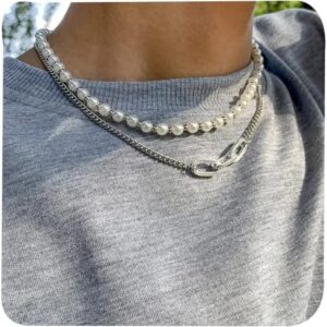 Pearl Necklace Men Silver Chain Necklace Faux Pearl Necklace Mens Pearl Necklace Layered Cuban Link Necklace Christmas Jewelry Gifts for Him