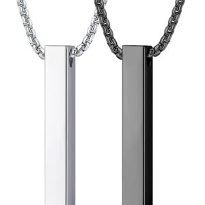 SAILIMUE 2Pcs Stainless Steel Bar Pendant Necklace for Men Women Couples Necklaces Cuboid Silver/Black CZ Bar Pendant with 22 Inches Chain Necklace Unisex