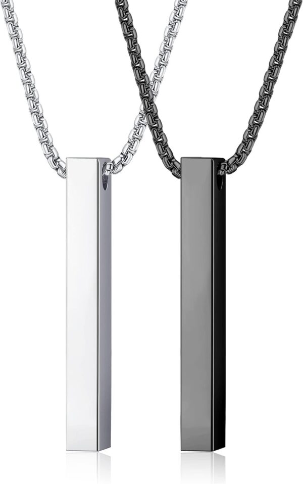 SAILIMUE 2Pcs Stainless Steel Bar Pendant Necklace for Men Women Couples Necklaces Cuboid Silver/Black CZ Bar Pendant with 22 Inches Chain Necklace Unisex