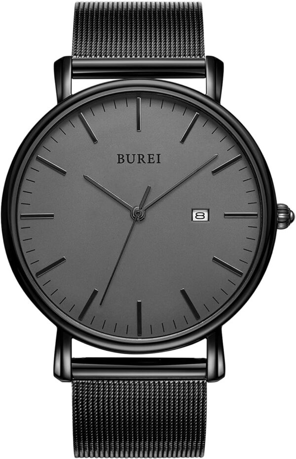 BUREI Men's Fashion Minimalist Wrist Watch Analog Date with Stainless Steel Mesh Band