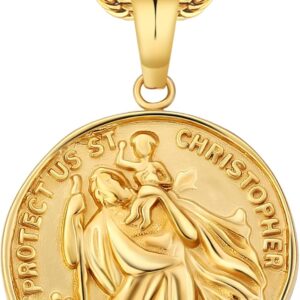 KRKC&CO Mens Coin Pendant Necklace, Compass/St. Christopher/Lion/St. Michael/Jesus 18K Gold Plated Stainless Steel Chain Necklace, Medallion Amulet Pendant Necklace for Men