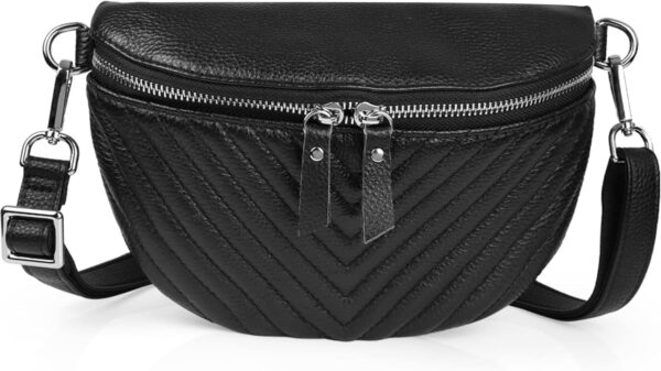 befen Chevron Quilted Black Genuine Leather Purses for Women Crossbody Bag for Women Leather Belt Bag Mini Waist Packs with Zipper Pocket - Chevron Quilted Black