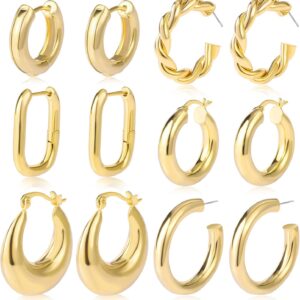 6 Pairs Gold Silver Chunky Hoop Earrings Set for Women Hypoallergenic Thick Open Twisted Huggie Hoop Jewelry for Birthday/Christmas Gifts