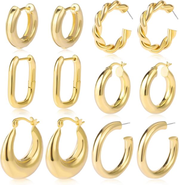 6 Pairs Gold Silver Chunky Hoop Earrings Set for Women Hypoallergenic Thick Open Twisted Huggie Hoop Jewelry for Birthday/Christmas Gifts