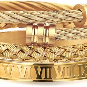 WFYOU 3PCS Stainless Steel Bracelets for Men Gold Roman Numeral Bangle Bracelet Twisted Cable Bracelet Adjustable Cuff Bracelet Mens Luxury Jewelry Bracelets Gifts