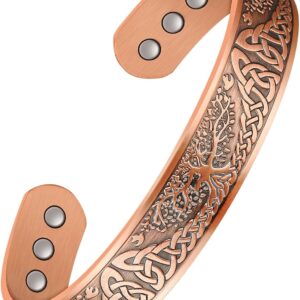 Feraco Copper Magnetic Bracelets for Men Women,99.99% Pure Copper Magnetic Field Therapy Bracelet with Tree of Life Pattern,Adjustable Cuff Bangle with Gift Box