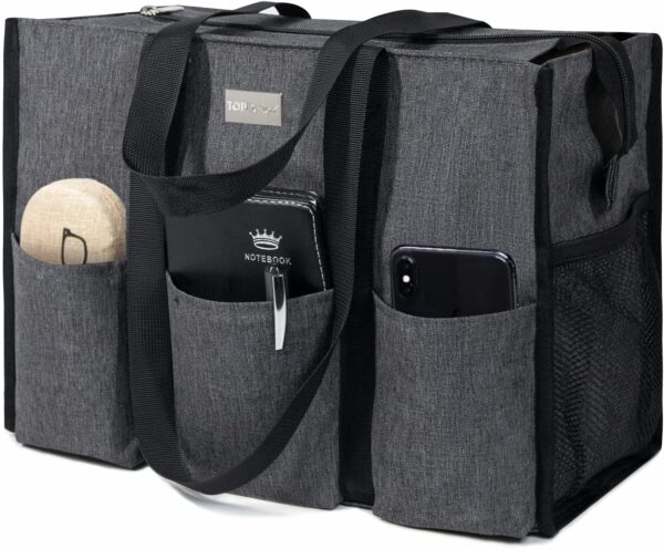 TOPDesign Utility Water Resistant Tote Bag with 13 Exterior & Interior Pockets, Top Zipper Closure & Thick Bottom Support