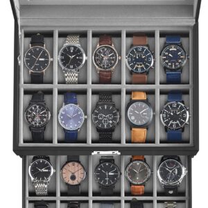 SONGMICS 20-Slot Watch Box, Watch Case with Glass Lid, 2 Layers, Black Synthetic Leather, Gray Lining UJWB006