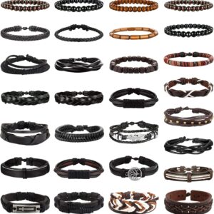 FUNRUN JEWELRY 29 Pcs Black Leather Bracelet Set for Men Women Cross Feather Charm Wide Wristband Brown Wood Wooden Beads Braided Woven Ethnic Tribal Bangle Set Adjustable Woven Cuff Bracelets