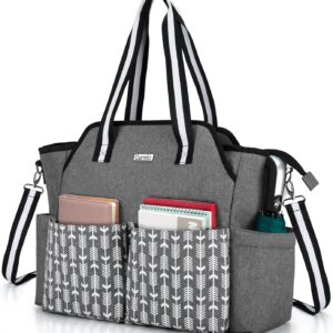 CURMIO Teacher Tote Bag for Women, Portable Teacher Tote Work Bag with Shoulder Strap and Padded Sleeve for Laptop, Ideal Gifts for Teachers, Gray with Arrow, Bag Only