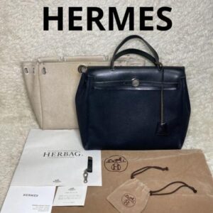 HERMES Herbag PM 2way Shoulder Bag Handbag Toile-H Natural Black Leather 1998 JP