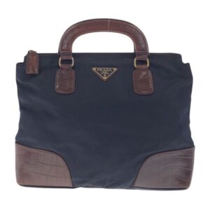 PRADA Tessuto embossed Triangle with logo Tote Bag Navy Brown Nylon/leather