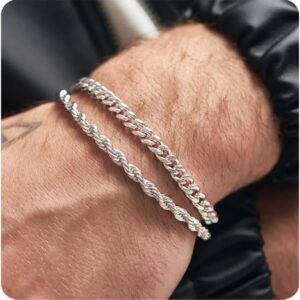 RANKEEF 2 Pcs Chain Bracelet for Men Women: 7-9inch 925 Sterling Silver for Men Cuban Link Bracelet Figaro Rope Bracelet Set Mens Jewelry Gifts for Dad Boyfriend Husband