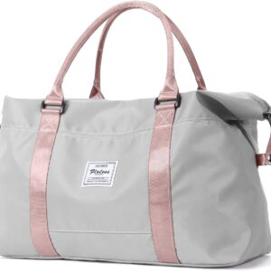 Sport Travel Duffle Bag Large Gym Tote Bag for Women, Weekender Bag Carry on Bag for Airplane, Ladies Beach Bag Overnight Bag Waterproof Hospital Bag Luggage Bag with Wet Bag,A12-Grey Pink