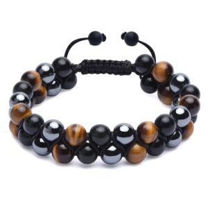 HASKARE Triple Protection Bracelet, Genuine Tigers Eye Black Obsidian and Hematite 8mm Beads Bracelet for Men Women, Crystal Jewelry Healing Bracelets Bring Luck and Prosperity and Happiness