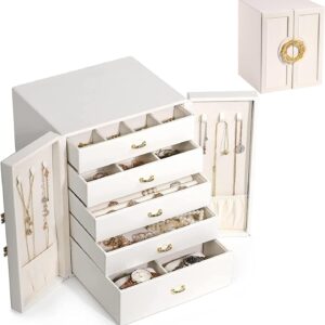 Large Jewelry Box Jewelry Organizer,5-Layer Jewelry Display Storage Case for Earring Necklace Bracelets Rings Watches Jewelry Holder (Off White)