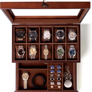 ULTRGEE Watch Box for Men, Watch Display Case – 10 Slots, Wooden Watch Holder Organizer with Drawer, 2 – Layer Watch and Jewelry Storage Box