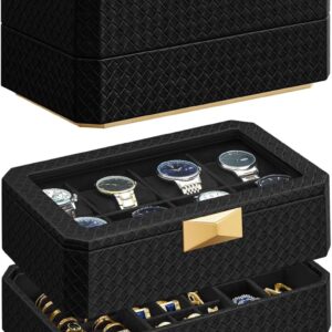 SONGMICS HOME RONNE Collection – 3-Tier Watch Box, Stackable 8-Slot Watch Case, Woven Embossed PU Leather, Floating Effect, Gift Idea, Ink Black Surface, Ink Black Lining UJWB021B01