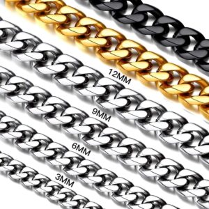 316L Stainless Steel Miami Cuban Chain for Men Women, 18K Gold/Black Plated, 3mm/6mm/9mm/12mm Wide, 18″/20″/22″/24″/26″/28″/30″ Long