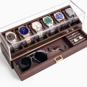 KAMIER Watch Box Case Organizer Display for Men,Two-Tier Wooden Watch Box Organizer For Men with watch holder and Drawer,Walnut