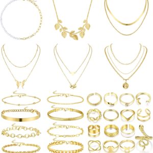 Drperfect Gold Jewelry Sets for Women Girls Gold Layered Necklaces Chain Bracelets Knuckle Rings Gold Jewelry for Valentine Anniversary Birthday Gift