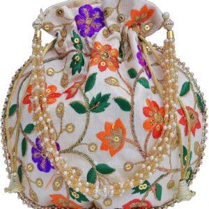 Indian Embroidered Potli Bag for Women’s Embroidered Silk Batwa Pearl Handle Clutch Purse Evening Party Wedding Gifts for Her