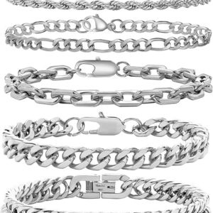 VNOX 5PCS Chain Bracelet for Men Woman Silver Stainless Steel Mens Bracelet Sturdy Cuban Link Set for Men Christmas Birthday Father’s Day Mens Jewelry Gift for Men Dad Boyfriend,7.1/7.5/8.3/9.06 Inch