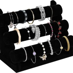 OSPNIEEK Velvet Bracelet Holder with 3 Tier Rack, Black Detachable Jewelry Display Stand T-Bar Necklace Storage Organizer for Bangles Watch Bracelets Scrunchies Organization Showcase