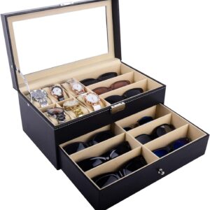 AUTOARK Leather 6 Watch Box Jewelry Case and 9 Piece Eyeglasses Storage and Sunglass Glasses Display Drawer Lockable Case Organizer,Black,AW-048