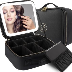 MOMIRA Travel Makeup Bag Cosmetic Bag Makeup Organizer Bag with Lighted Mirror, Adjustable Brightness in 3 Color Scenarios, Waterproof Makeup Train Case, Gift for Women – Black