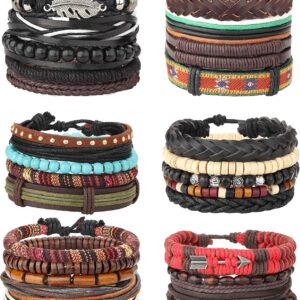 MILACOLATO 22-32 Pcs Braided Leather Bracelet for Men Women Woven Wrist Cuff Bracelets Hemp Cords Wood Beads Ethnic Tribal Handmade Wrap Adjustable