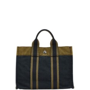 HERMES Fool Toe PM Handbag Tote Bag Black Khaki Canvas