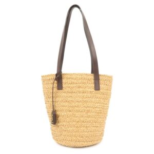 SAINT LAURENT Leather Raffia Tote Bag Shoulder Bag Beige Dark Brown Used F/S
