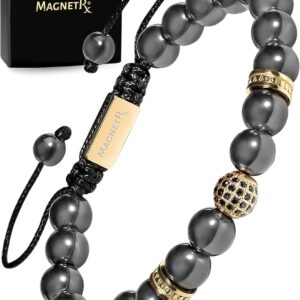 MagnetRX® Magnetic Hematite Bracelet – MAX Strength Magnetic Stones – Beaded Magnetic Bracelets for Men and Women (Gold Zeus 8mm Bead)