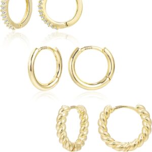 3 Pairs Small Huggie Hoop Earrings Set 14K Gold Hypoallergenic Lightweight Huggie Hoops Earrings for Women Girls