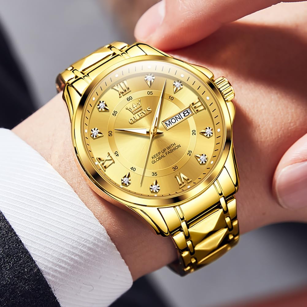 OLEVS Watches for Men Stainless Steel Waterproof Dress Mens Watches Analog Quartz Casual Big Face Luxury Watch for Men with Day Date Easy Read Wrist Watches for Men Black/Gold/Silver/Blue Dial - Image 2