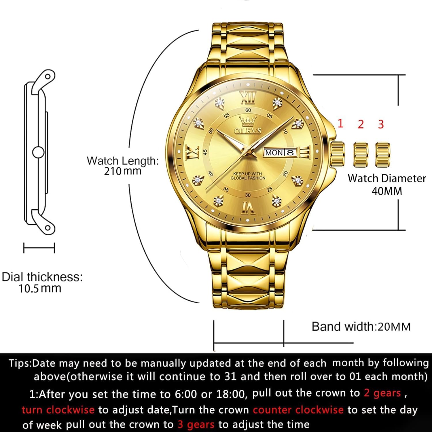 OLEVS Watches for Men Stainless Steel Waterproof Dress Mens Watches Analog Quartz Casual Big Face Luxury Watch for Men with Day Date Easy Read Wrist Watches for Men Black/Gold/Silver/Blue Dial - Image 7