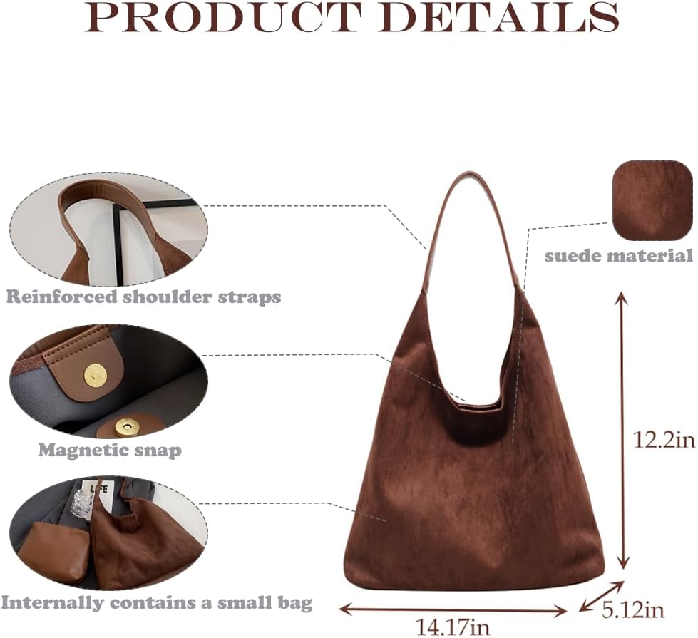 Suede Hobo Bags For Women Slouchy Bag Suede Purse Suede Tote Bag Large Brown Tote Handbag for Travel Shopping Work - Image 4